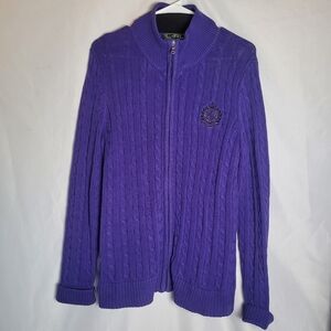 Lauren Ralph Lauren Purple Cable Knit Preppy Old Money Full Zip Sweater Size L